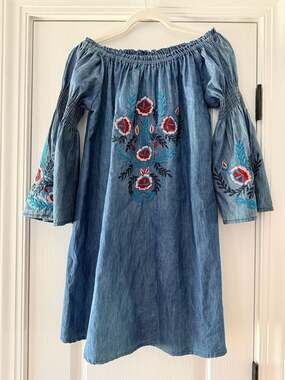 A&A Boho Off-The-Shoulder Embroidered Chambray Bell Sleeve Dress